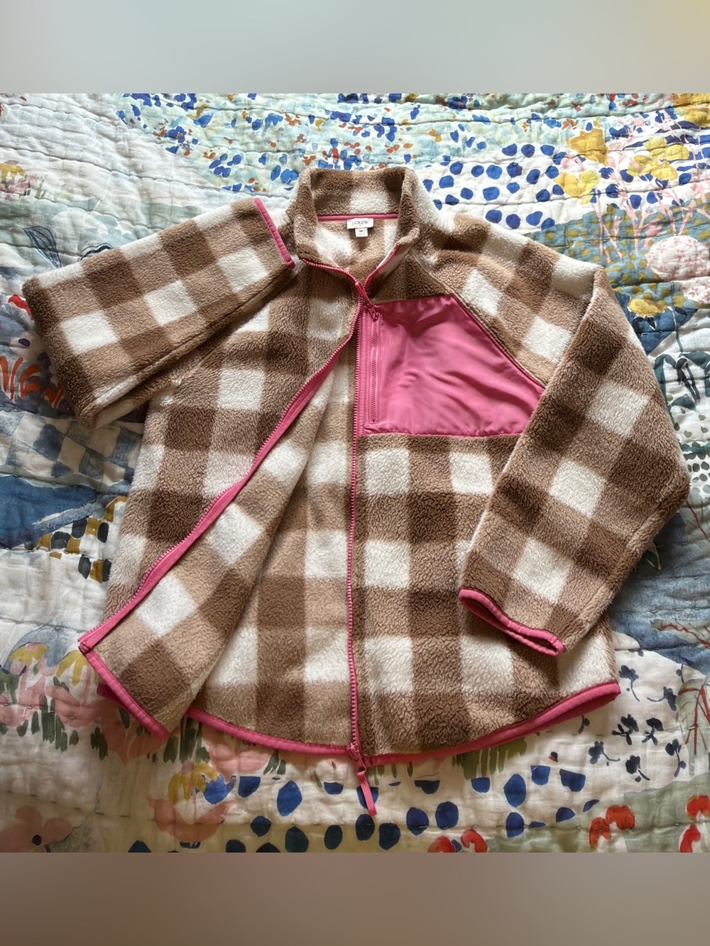 J. Crew Brown and Cream Check Teddy Jacket with Pink Trim | Medium